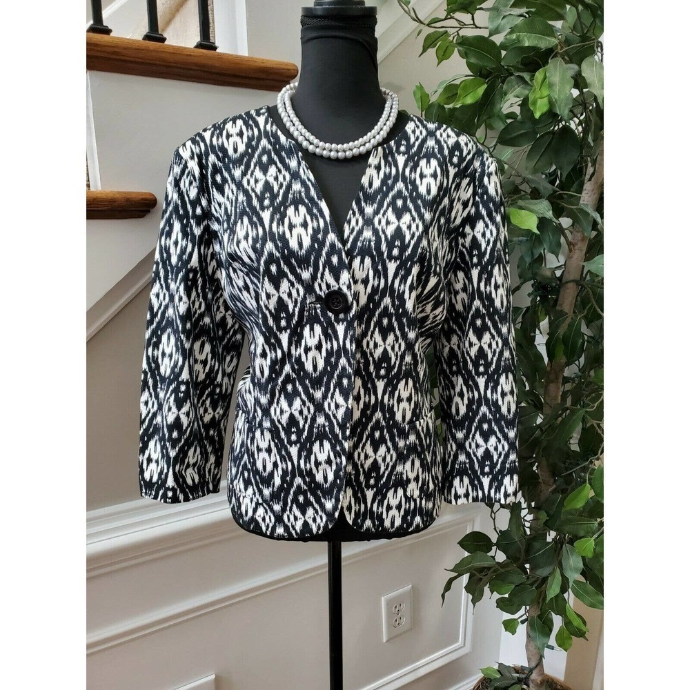 Kim Rogers Women's Black & White Cotton Long Sleeve One Button Fitted Blazer 14